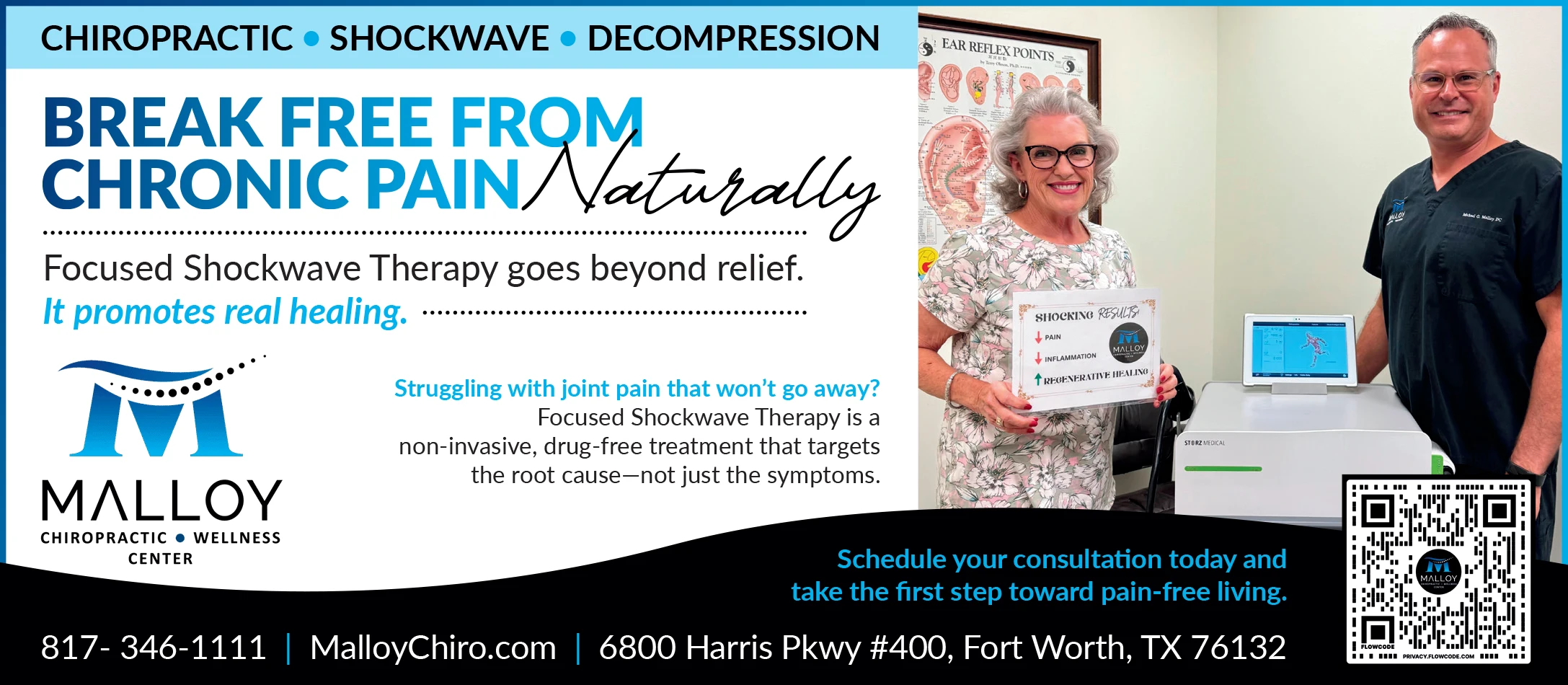Chiropractor Fort Worth Michael Malloy with Patient Shockwave Ad